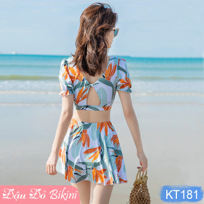 Bộ bơi 2 mảnh nữ thời trang, áo croptop vai bèo & quần váy điệu xinh, lưng trần cách điệu sexy, thun bơi co giãn cao, thoải mái dễ chịu khi mặc | KT181