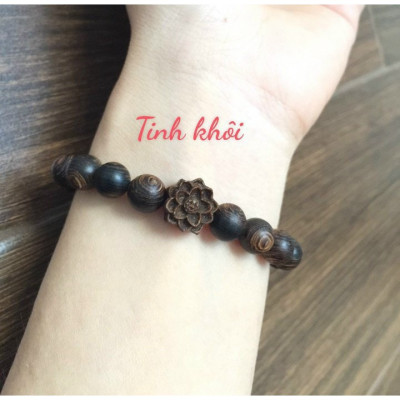 Vòng Tay Trầm Hương Sánh Chìm Cao Cấp Mix Charm Hoa Sen - Vòng Tròn Đơn Size 8/10mm Mang Lại May Mắn, Bình An
