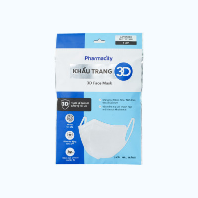 Khẩu trang 3D Pharmacity (Gói 5 cái) màu trắng - 5 lớp