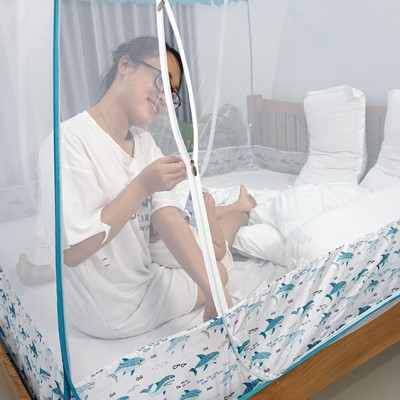 Màn Chụp Cao Cấp Mộc Miên Hoạ Tiết Xanh Ngọc Cá Mập - Kích Thước 1,8mx2m - 2 cửa ( Hà nội )