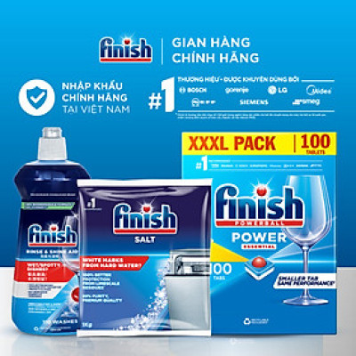 Combo Finish tiện lợi 2: Hộp 100 Viên Rửa Bát Finish Essential + Nước Làm Bóng Finish 500ml + Muối Rửa Chén Finish Salt túi 1kg