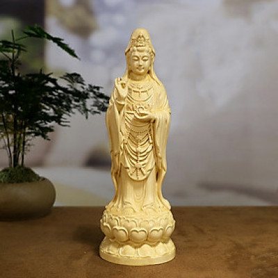 Tượng Phật Quan Âm Như Ý đứng bằng gỗ Hoàng Dương MSPC210 (cao 21 cm)