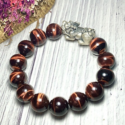 Vòng tay Thạch Anh Mắt Hổ nâu đỏ 14mm mix tỳ hưu bạc