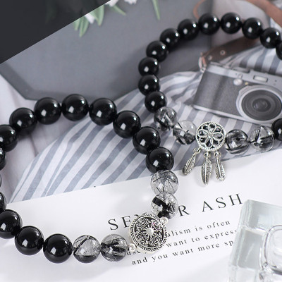 Vòng tay đôi đá Obsidian phối thạch anh tóc đen và charm bạc mệnh thủy, mộc - Ngọc Quý Gemstones