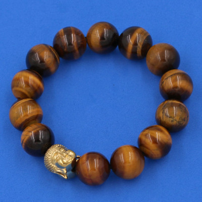 Vòng đeo tay đá Mắt Hổ vàng đen 14 ly cẩn hạt Phật A Di Đà inox vàng VMHVENLV14 - hợp mệnh Thổ, mệnh Kim