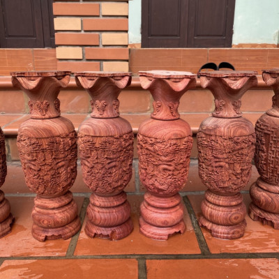 Đôi lộc bình bằng gỗ hương trạm khắc cửu long kt cao 60cm