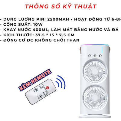 Quạt điều hòa tích điện phun sương để bàn 2 tầng xoay tự động 360 độ dung lượng pin 6000MAH cao cấp
