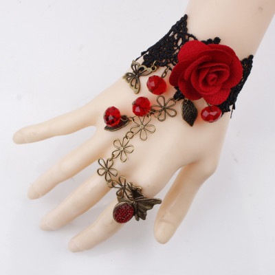 Vòng tay retro ren đen hoa hồng bracelet với nhẫn dạ tiệc