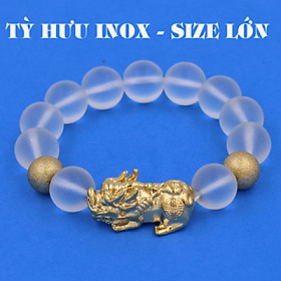 Vòng chuỗi đeo tay đá thạch anh trắng mờ 14 ly ( size lớn ) charm tỳ hưu và bi inox vàng, vòng tay chuỗi hạt