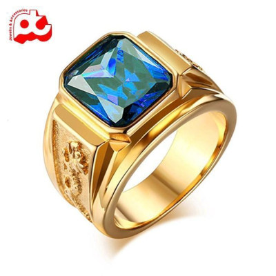 Nhẫn nam titan cao cấp thời trang chạm rồng 2 bên trangsucpt đá xanh dương thép không gỉ PTNNA252