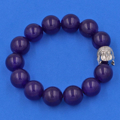 Vòng đeo tay Thạch Anh Tím 14 ly cẩn hạt Phật A Di Đà inox bạc VTAINLT14 - hợp mệnh Hỏa, mệnh Thổ