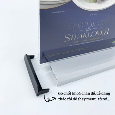 Kệ menu nhà hàng, Standee mica để bàn, Bảng quét mã QR Code, Kệ mica 2 mặt Enter E29 210x300mm đế nhôm A4 đứng