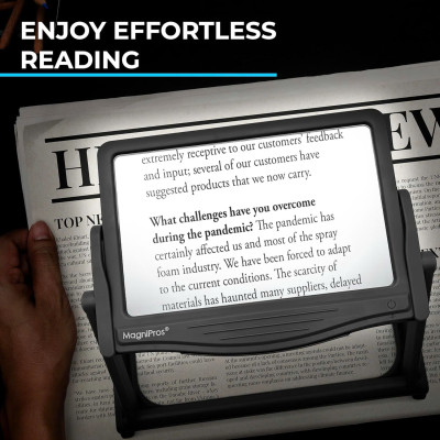 Kính lúp đọc sách cỡ lớn cao cấp Magnipros 1820BK+ST+FBA (5X, có đèn led 3 chế độ màu vô cấp để giảm mỏi mắt, có khung đỡ)