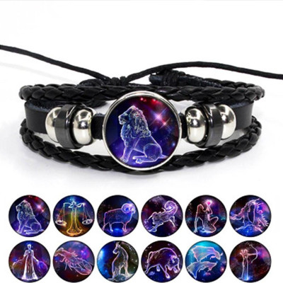 Vòng Đeo Tay Giả Cổ Dây Da Bệt Tết Phong Cách Retro Mặt Vòng Hình 12 Cung Hoàng Đạo Có Thể Điều Chỉnh Độ Rộng