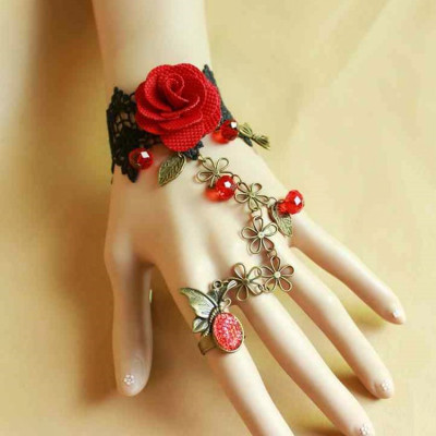 Vòng tay retro ren đen hoa hồng bracelet với nhẫn dạ tiệc