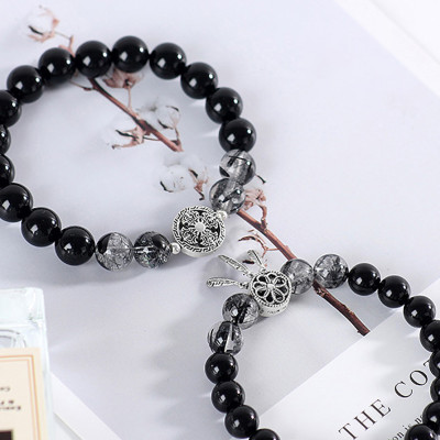 Vòng tay đôi đá Obsidian phối thạch anh tóc đen và charm bạc mệnh thủy, mộc - Ngọc Quý Gemstones