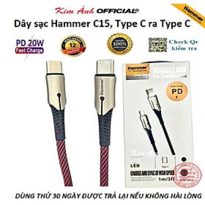 Dây sạc nhanh Ham.mer PD20W ( C15) chân cắm Type C ra Type C, dây dù chống rối, Hàng chính hãng bảo hành 1 năm