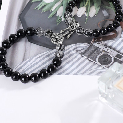 Vòng tay đôi đá Obsidian phối thạch anh tóc đen và charm bạc mệnh thủy, mộc - Ngọc Quý Gemstones