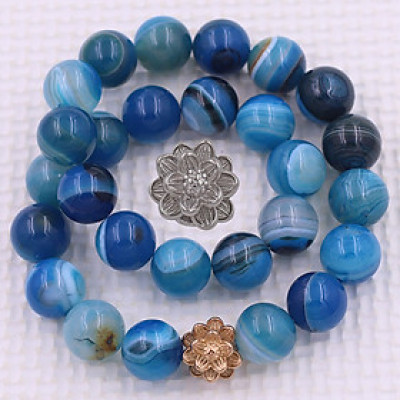 [Mệnh Thủy, Mộc] Vòng Chuỗi Niệm Phật Đá Mã Não Xanh Biển 14 Ly 27 Hạt Charm Hoa Sen Inox, Vòng Chuỗi Phật Giáo, Chuỗi Niệm Phật Hạt To - Phong Thủy 868