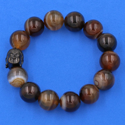 Vòng đeo tay mã não nâu sọc 14 ly cẩn hạt Phật A Di Đà inox đen VMNNSNLE14 - hợp mệnh Kim, mệnh Thổ