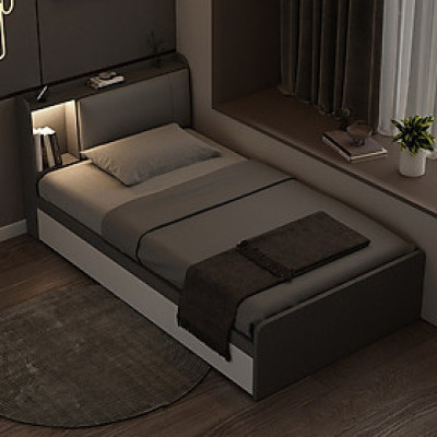 Giường Gỗ Đơn Dài 1.2m Phối Đèn LED và 3 Ngăn Kéo Màu Vân Vải Phối Trắng SIB Decor GN15