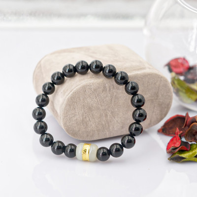 Vòng tay phong thủy Mã não đen bóng 8mm + Lu