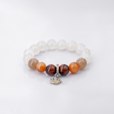 Vòng tay phong thủy Mã Não trắng 10mm + Mắt Hổ + Charm roi