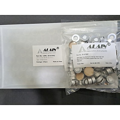 Chai thủy tinh đựng mẫu phân tích 10ml trắng trong 22.5x46mm + Nắp bấm 20mm có lỗ đệm septa Silicone white/ PTFE natural, 100 cái/hộp