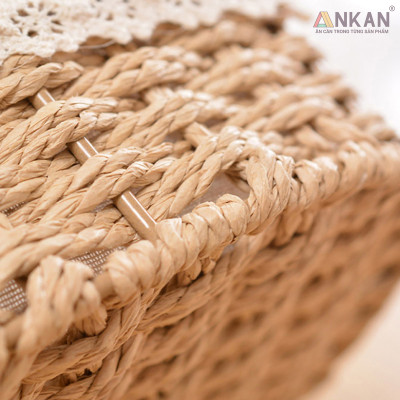 Giỏ Đựng Đồ Ăn Vặt Có Quai Hình Bầu Dục Lót Vải Hoa – Sợi Giấy Cán Mỏng Nhẹ Bền, Dễ Vệ Sinh