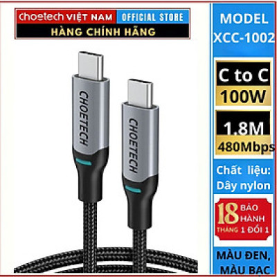 Cáp Sạc Choetech XCC-1002  Nhanh 100W Type C to Type C Dài 1.8M (Hàng chính hãng)
