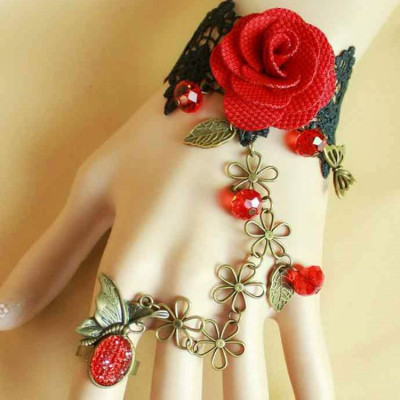 Vòng tay retro ren đen hoa hồng bracelet với nhẫn dạ tiệc