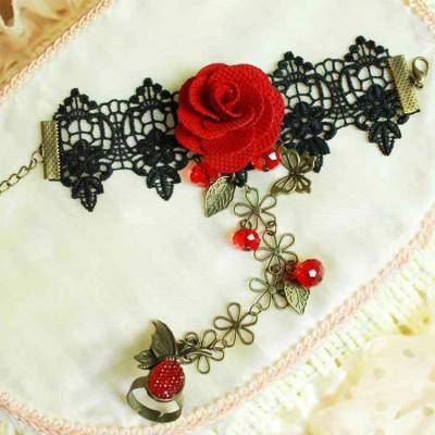 Vòng tay retro ren đen hoa hồng bracelet với nhẫn dạ tiệc