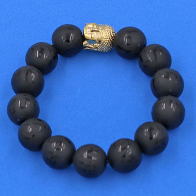 Vòng đeo tay Thạch Anh Đen Phật chú 14 ly cẩn hạt Phật A Di Đà inox vàng VTAEPMNLV14 - hợp mệnh Thủy, mệnh Mộc