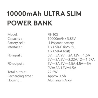 Pin Sạc Dự Phòng MicroPack POWER STORE PB-10S Siêu Mỏng 11.2mm Chuẩn PD Công Suất Tối Đa 22.5W Hàng Chính Hãng