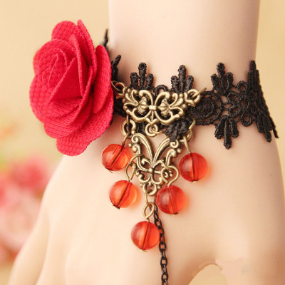 Vòng tay kèm nhẫn nữ ren đen hoa hồng đỏ dạ tiệc