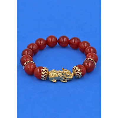 Chuỗi tay Đá Vân Rồng Đỏ 12 ly - Vòng tay Tỳ Hưu Phong Thủy inox vàng VVROTHBKV12