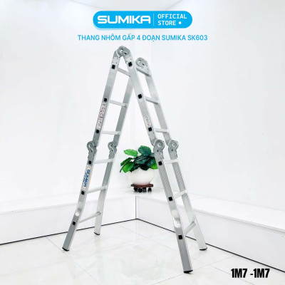 Thang nhôm gấp 4 đoạn SUMIKA SK603 (chữ A - 1.7m, chữ I - 3.4m), 14 tư thế sử dụng, tải trọng 150kg, làm từ hợp kim nhôm cao cấp, khóa chốt cao cấp và tự động, có đế cao su chống trượt