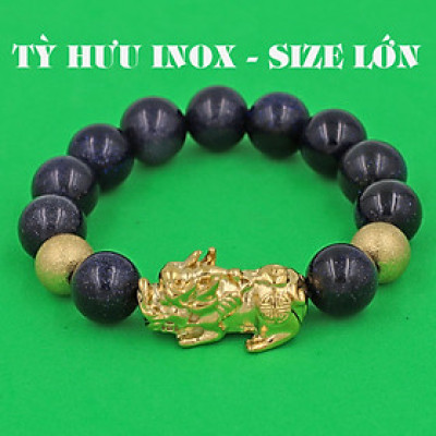Vòng chuỗi đeo tay đá lam sa 14 ly ( size lớn ) charm tỳ hưu và bi inox vàng, vòng tay chuỗi hạt