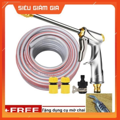 Bộ dây vòi xịt nước rửa xe, tưới cây . tăng áp 3 lần, loại 20m 206701-2 đầu đồng,cút,nối đen + tặng mở chai