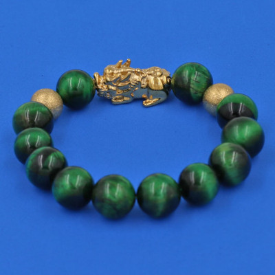 Vòng tay đá Mắt Hổ Xanh Lá 12 ly cẩn Tỳ Hưu Phong Thủy inox vàng VMHXLTHHBV12 - hợp mệnh Hỏa, mệnh Mộc