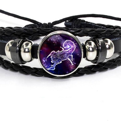 Vòng Đeo Tay Giả Cổ Dây Da Bệt Tết Phong Cách Retro Mặt Vòng Hình 12 Cung Hoàng Đạo Có Thể Điều Chỉnh Độ Rộng