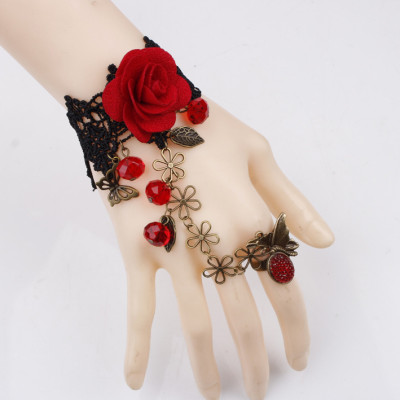 Vòng tay retro ren đen hoa hồng bracelet với nhẫn dạ tiệc