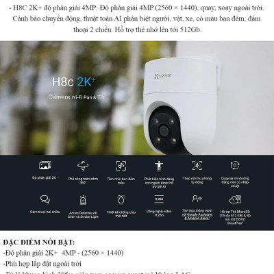 Camera Wifi EZVIZ H8C 4MP 2K, Quay Quét 360 Độ, Đàm Thoại 2 Chiều, Ghi Hình Màu Ban Đêm- Hàng Chính Hãng