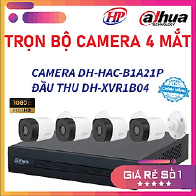 Trọn bộ 4 camera DH-HAC-B1A21P Đầu thu 4 cổng XVR1B04 đầy đủ phụ kiện, Hàng chính hãng