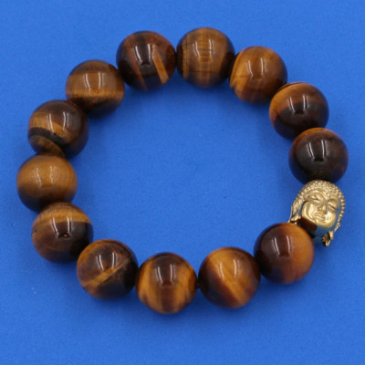 Vòng đeo tay đá Mắt Hổ vàng đen 14 ly cẩn hạt Phật A Di Đà inox vàng VMHVENLV14 - hợp mệnh Thổ, mệnh Kim