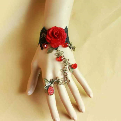 Vòng tay retro ren đen hoa hồng bracelet với nhẫn dạ tiệc
