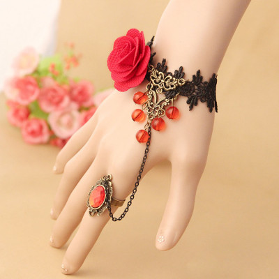 Vòng tay kèm nhẫn nữ ren đen hoa hồng đỏ dạ tiệc