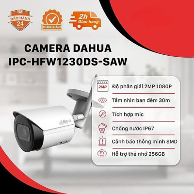 Camera Wifi ngoài trời Dahua DH-IPC-HFW1230DS-SAW 2MP, tích hợp mic, hồng ngoại 30m - TRANGIATELECOM Hàng nhập khẩu