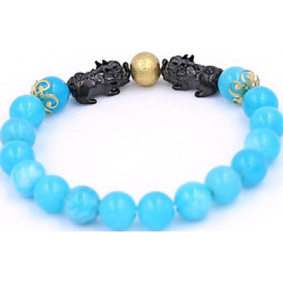 Vòng tay Đá Ngọc Tủy Xanh Biển size 8 ly, 10 ly, 12 ly - Vòng tay Tỳ Hưu Đôi inox đen VNTXBTHHEV8 - hợp mệnh Mộc, mệnh Thủy