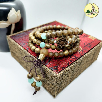 Vòng Tay Phong Thủy Trầm Hương Chuỗi Tràng 108 Hạt 6 Li Charm Ngẫu Nhiên Phối Đá Đeo Tay Mệnh Kim Mộc Thủy Hỏa Thổ
